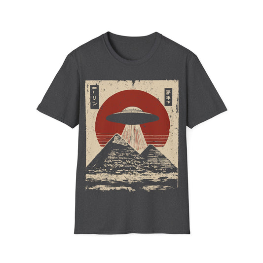 Pyramids Desert Extraction t-shirt design, featuring a classic flying saucer beaming down over two pyramids with Japanese inspired text elements and a distressed red sun in a vintage retro sci-fi illustration on a dark grey background