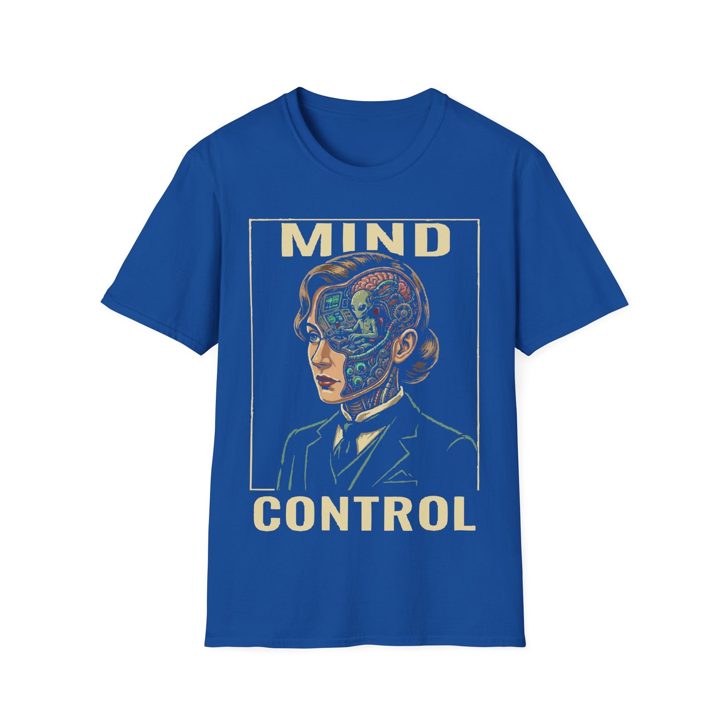 Mind Control t-shirt design, featuring a sharply dressed woman with her head opened to reveal a tiny grey alien operating a control console inside in a retro sci-fi illustration on a royal blue background