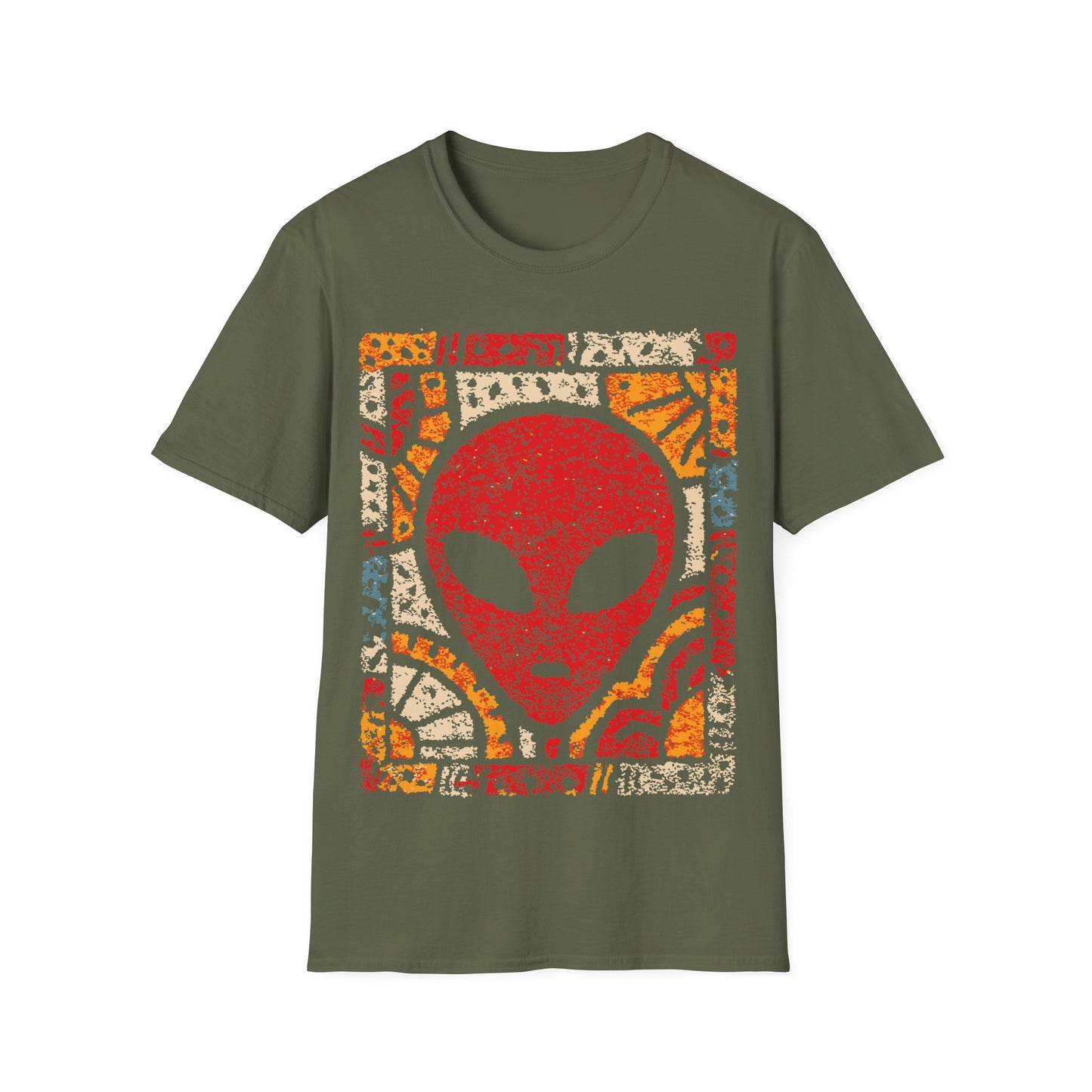 Art deco alien design with red alien face and bold geometric sunburst mosaic patterns in yellow, orange and cream on green t-shirt