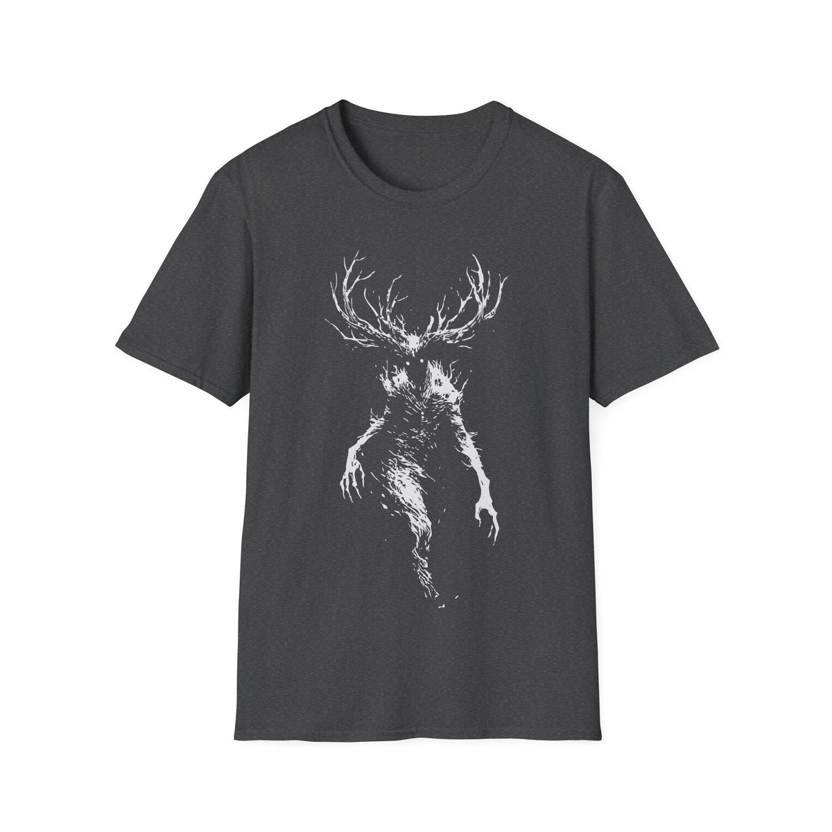 Wendigo Scary t-shirt design, featuring a towering antlered Wendigo with glowing eyes, skeletal limbs, and a shadowy distorted body in a stark distressed white silhouette on a dark heather grey background