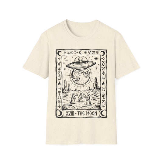 Alien Tarot t-shirt design, featuring a UFO hovering above a glowing moon and three robed aliens holding mystical symbols, framed by stars, crescent moons, and alien glyphs in a black and white tarot card style on a natural white background