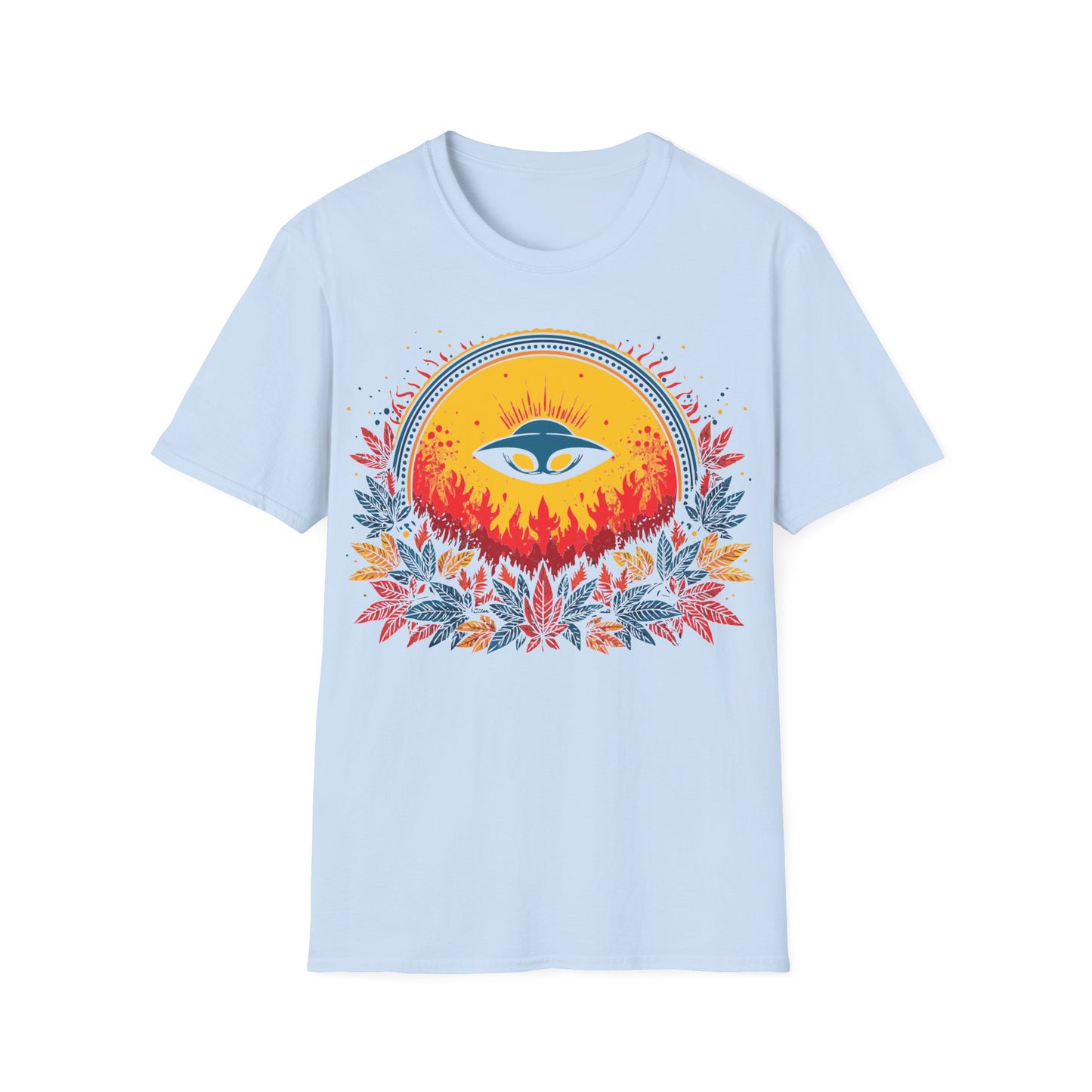 UFO Sun Fire t-shirt design, featuring a blue flying saucer silhouetted against a glowing golden sun with red flames and vibrant red, blue, and yellow foliage on a light blue background