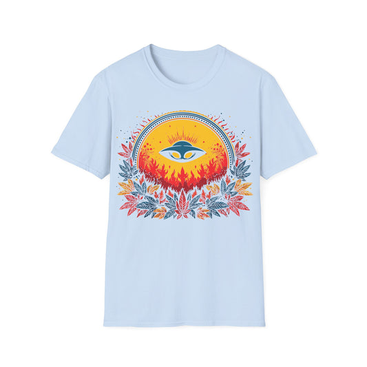 UFO Sun Fire t-shirt design, featuring a blue flying saucer silhouetted against a glowing golden sun with red flames and vibrant red, blue, and yellow foliage on a light blue background