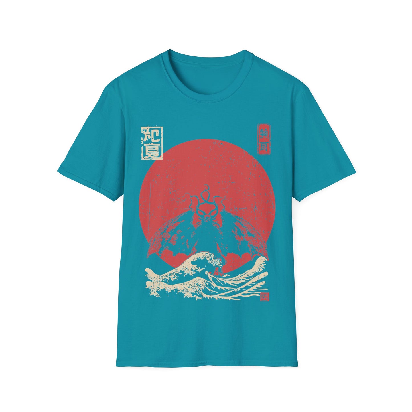 Mothman Red Sun t-shirt design, featuring a shadowy winged Mothman with glowing eyes rising above crashing waves against a distressed red sun in a vintage Japanese inspired illustration on a tropical blue background