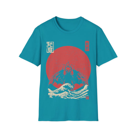 Mothman Red Sun t-shirt design, featuring a shadowy winged Mothman with glowing eyes rising above crashing waves against a distressed red sun in a vintage Japanese inspired illustration on a tropical blue background