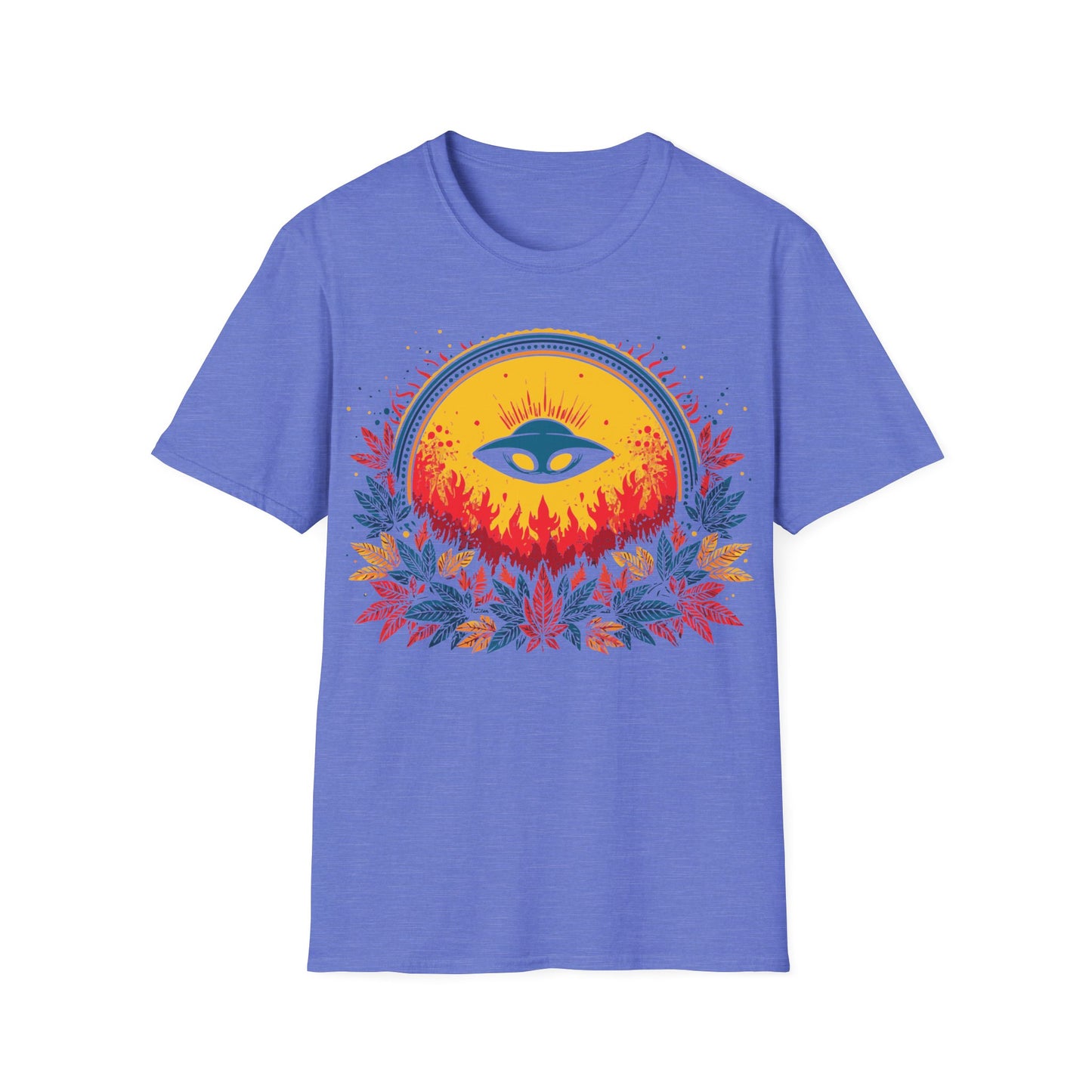 UFO Sun Fire t-shirt design, featuring a blue flying saucer silhouetted against a glowing golden sun with red flames and vibrant red, blue, and yellow foliage on a heather navy blue background