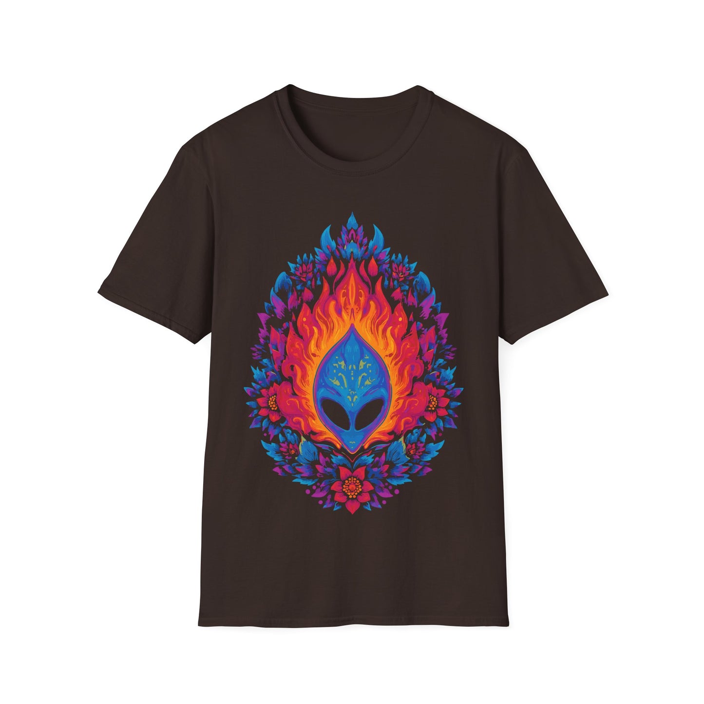 Flaming Alien Mask Floral t-shirt design, featuring a blue alien mask surrounded by vivid orange flames and bright pink, purple, and blue floral elements in a symmetrical psychedelic illustration on a dark chocolate background