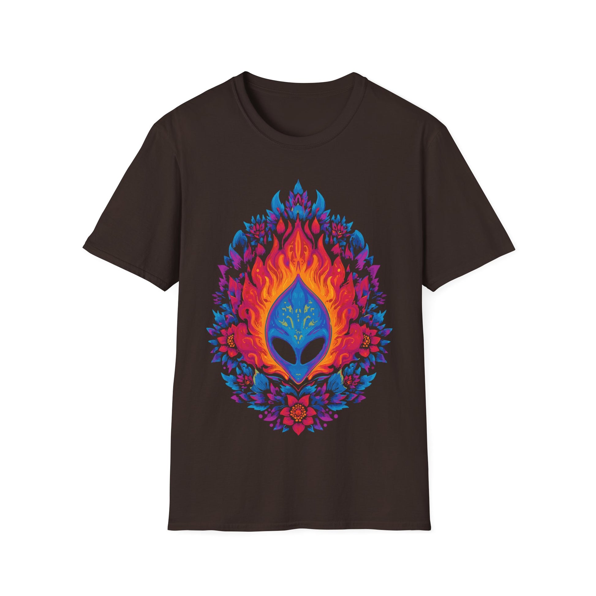 Flaming Alien Mask Floral t-shirt design, featuring a blue alien mask surrounded by vivid orange flames and bright pink, purple, and blue floral elements in a symmetrical psychedelic illustration on a dark chocolate background