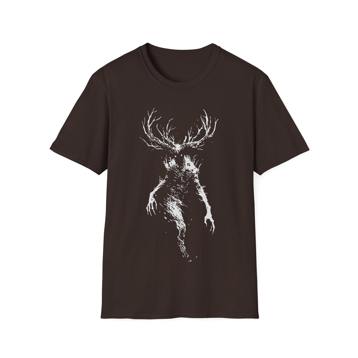 Wendigo Scary t-shirt design, featuring a towering antlered Wendigo with glowing eyes, skeletal limbs, and a shadowy distorted body in a stark distressed white silhouette on a dark chocolate brown background