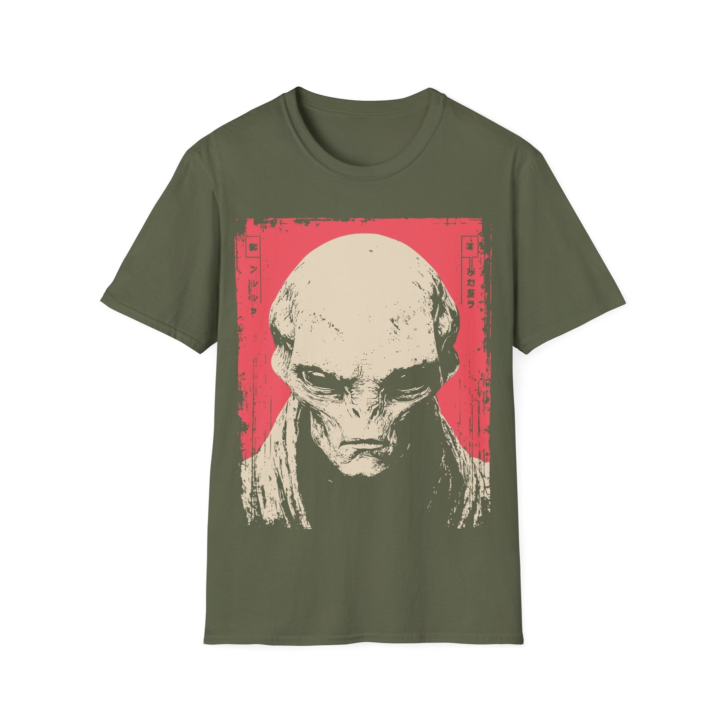 Alien Portrait Woodblock t-shirt design, featuring a detailed pale alien face in a distressed woodblock style illustration with Japanese inspired border elements on a military green background