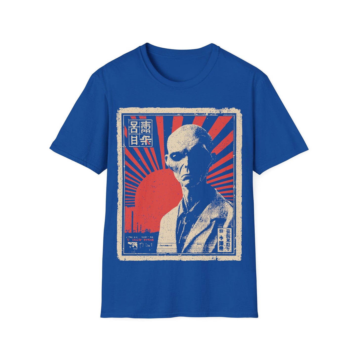 Visitor Rising Alien Alphabet t-shirt design, featuring a detailed pale alien portrait with Japanese inspired text elements and radiating red sunburst in a distressed retro poster style on a royal blue background