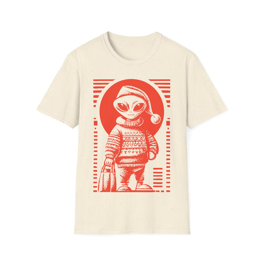Holiday Shopper Alien t-shirt design, featuring a festive grey alien in Santa hat and patterned winter sweater carrying a shopping bag in bold illustration on a white background
