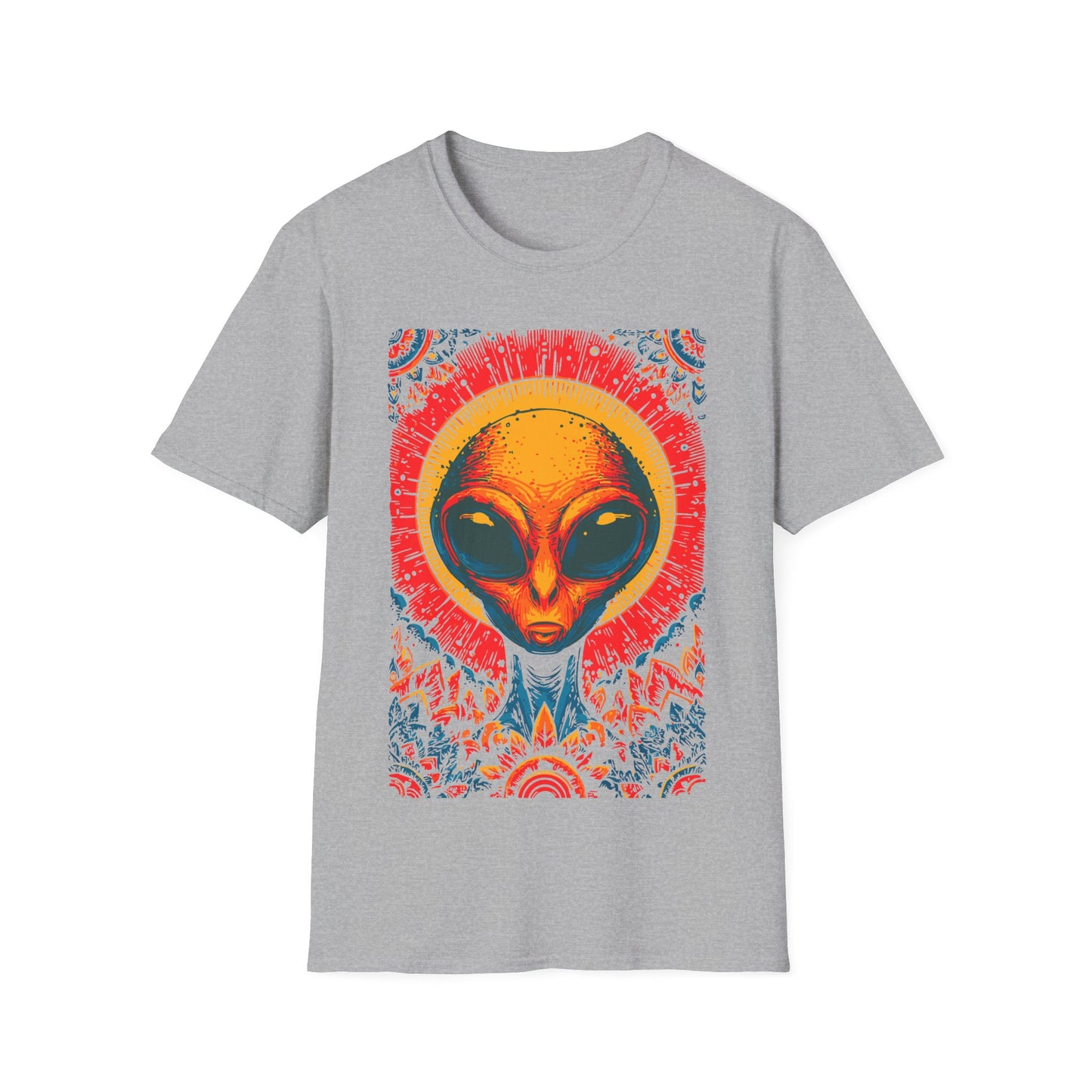 Alien Sun God Portrait t-shirt design, featuring a glowing orange alien face with halo-like sun rays and vivid blue, red, and gold ornamental patterns in a bold psychedelic illustration on a sport grey background