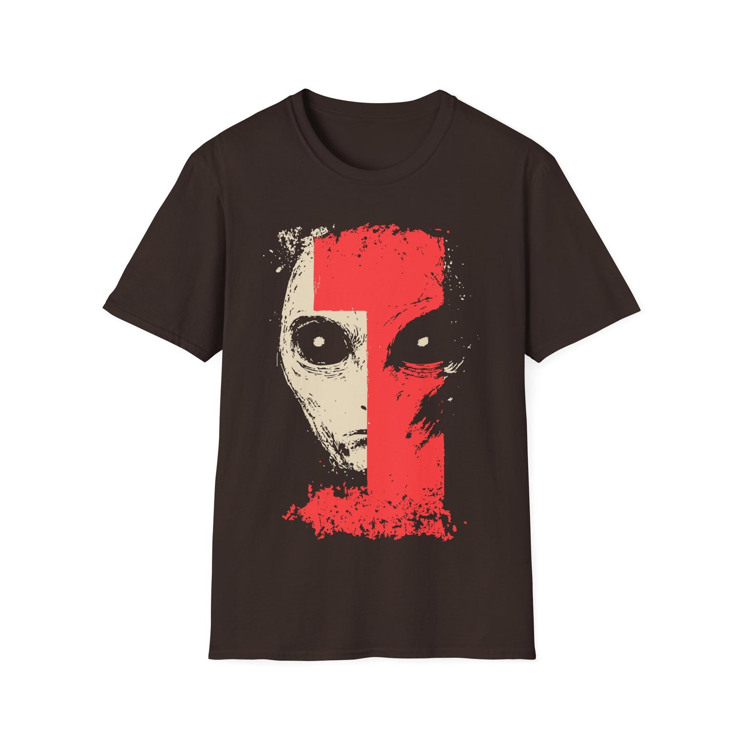 Alien Face t-shirt design, featuring a split face alien portrait in pale beige and distressed red with oversized eyes in a bold minimalist sci-fi illustration on a dark chocolate brown background