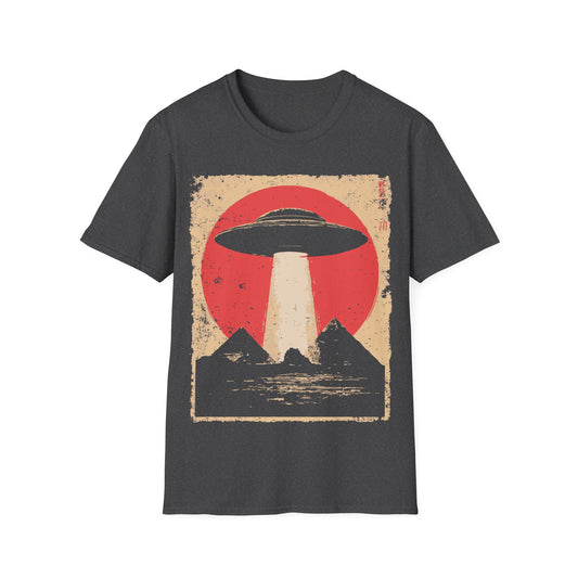 Pyramid Pickup t-shirt design, featuring a classic flying saucer casting a bright beam above two pyramids in a distressed retro sci-fi illustration with a muted red sun and dark grey background
