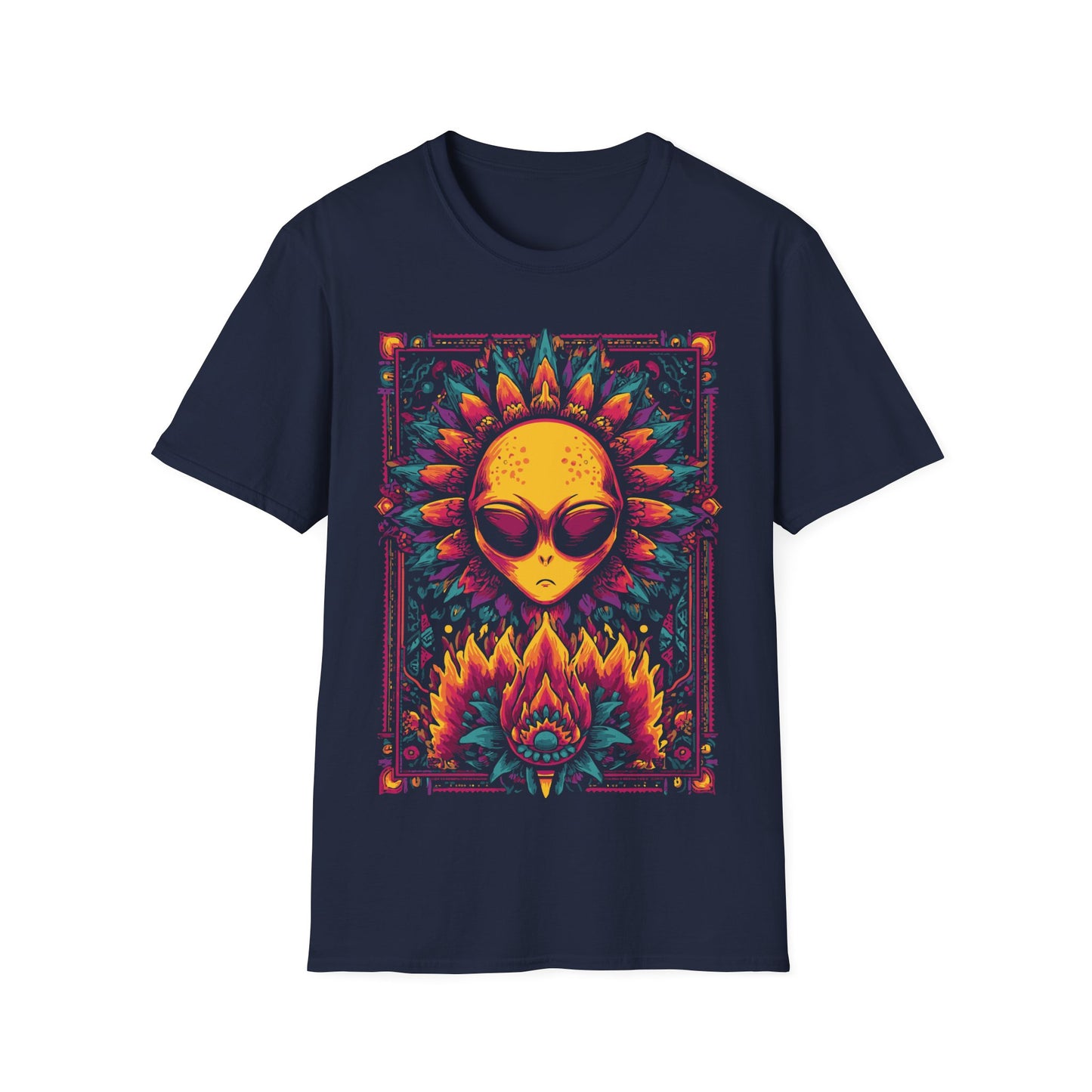 Psychedelic Alien Floral t-shirt design, featuring a glowing yellow alien head framed by vivid pink, teal, and orange floral patterns in a symmetrical psychedelic illustration on a navy blue background