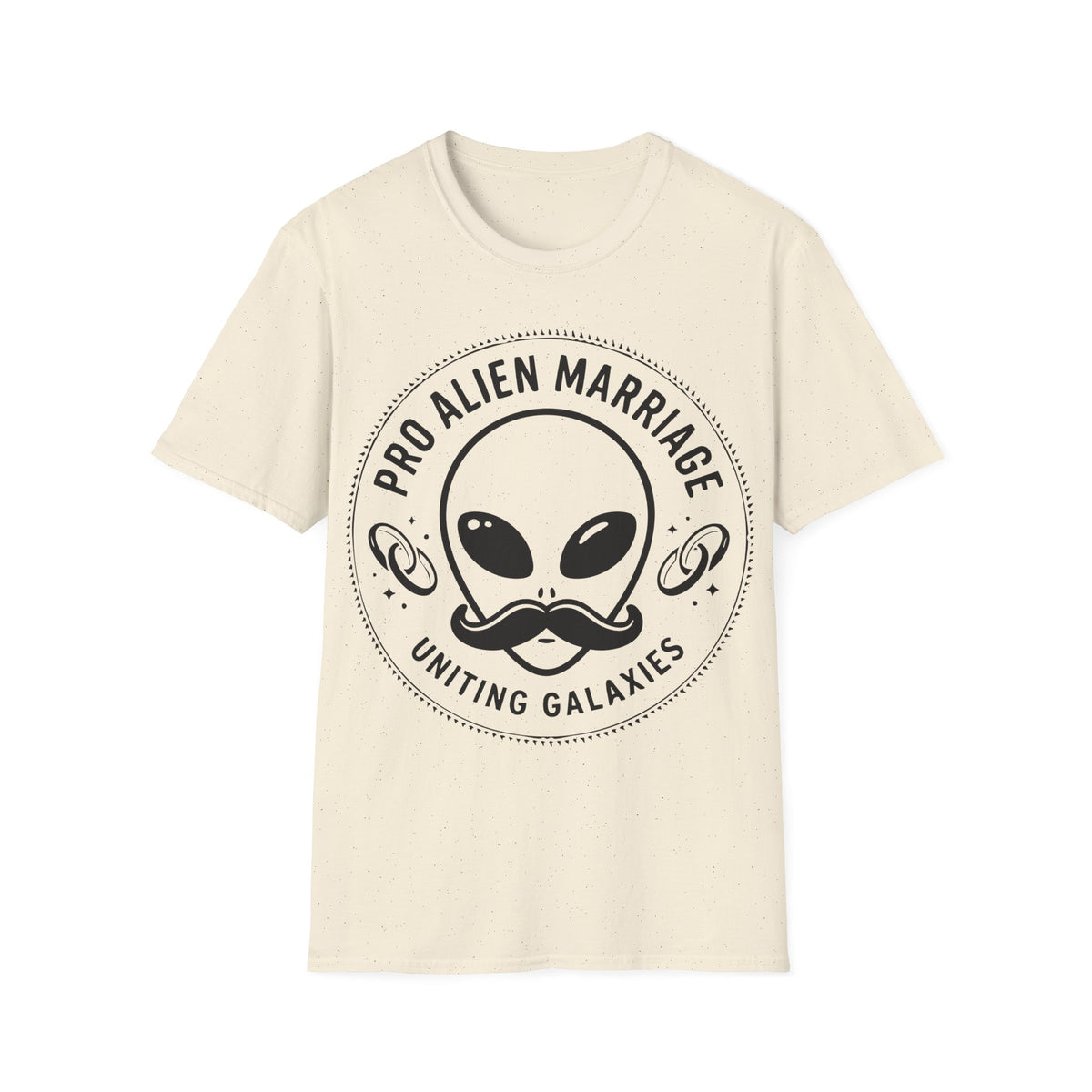Pro Marriage t-shirt design, featuring a smiling alien face with a curled mustache surrounded by ringed planets and stars, framed by bold “Pro Alien Marriage” and “Uniting Galaxies” lettering in a black and white circular badge style on a natural white background
