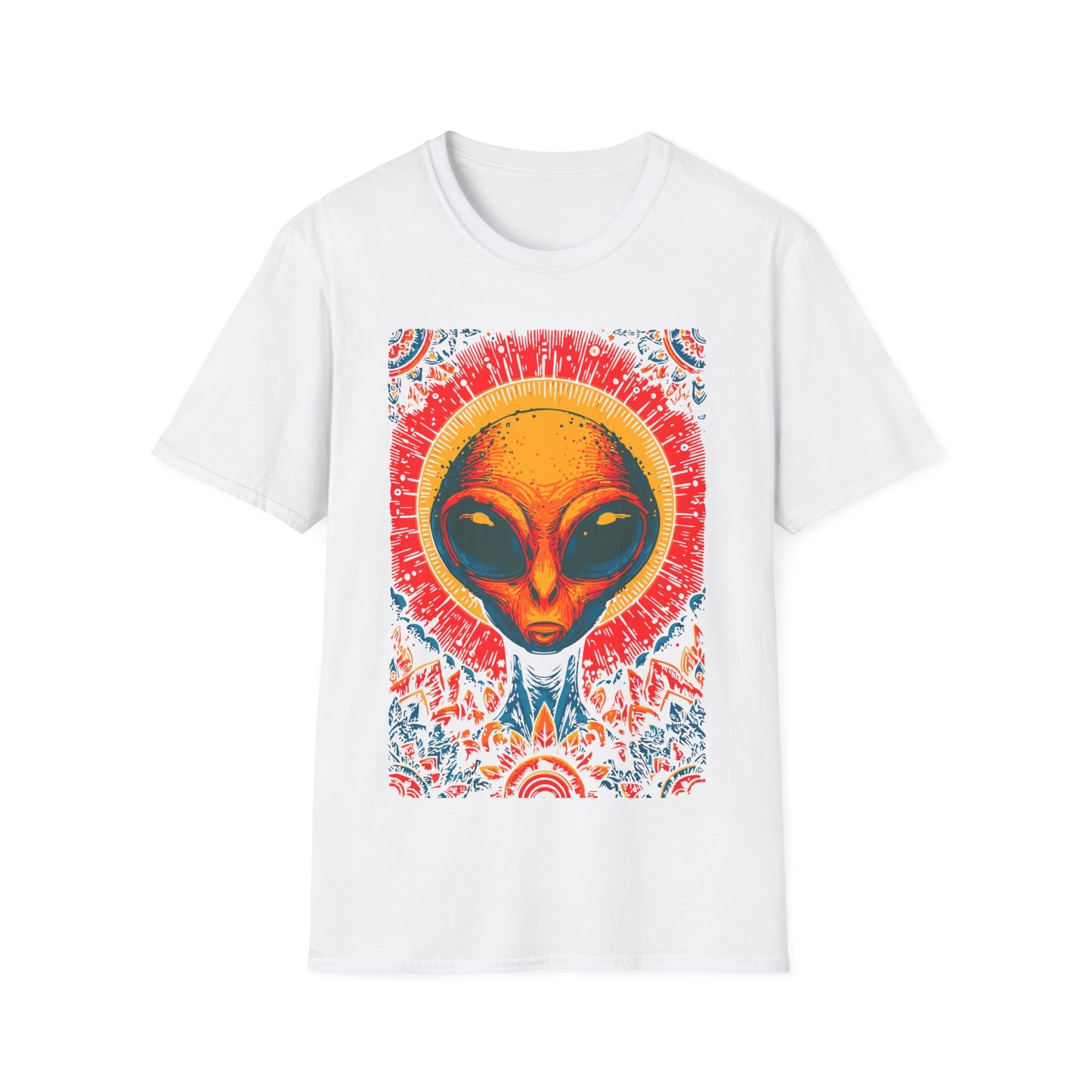 Alien Sun God Portrait t-shirt design, featuring a glowing orange alien face with halo-like sun rays and vivid blue, red, and gold ornamental patterns in a bold psychedelic illustration on a white background