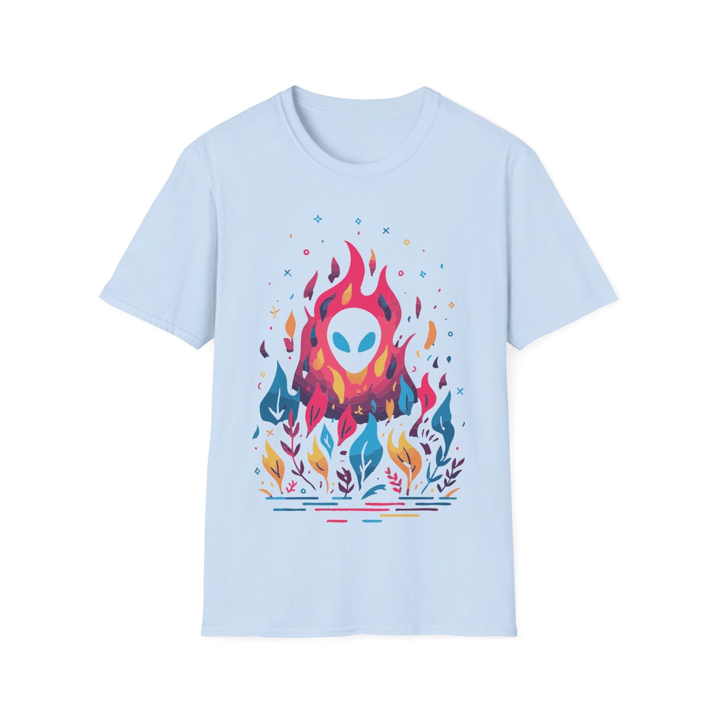 Neon Alien Fire and Botanicals t-shirt design, featuring an alien face with glowing blue eyes emerging from vivid pink flames surrounded by colorful blue, yellow, and purple botanical elements on a light blue background