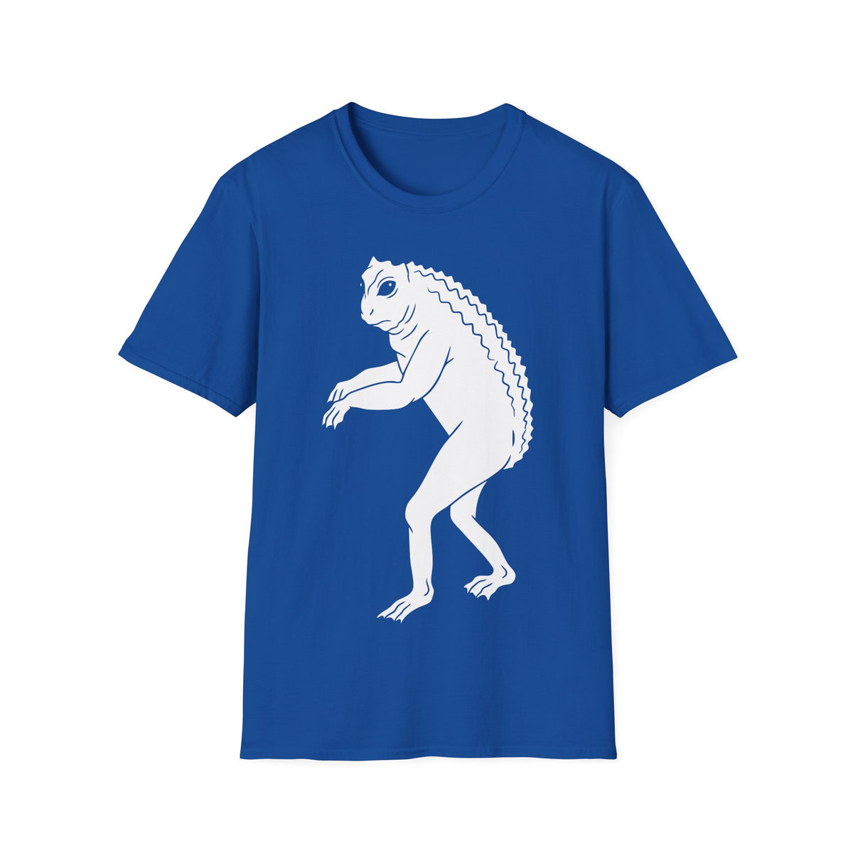 Loveland Frogman t-shirt design, featuring a white humanoid frog creature with large eyes, long limbs, clawed hands and feet, and a ridged back on a royal blue background