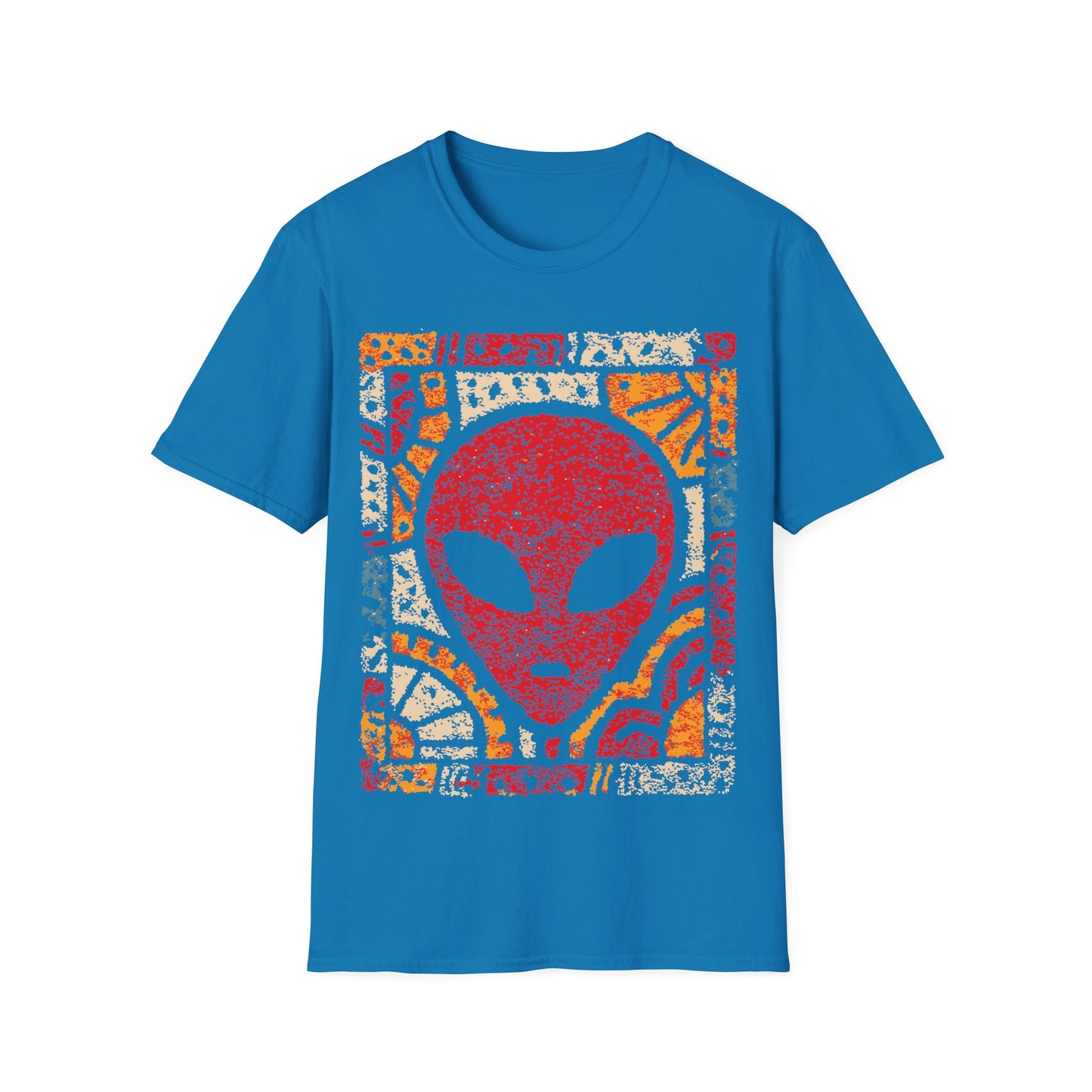 Art deco alien design with red alien face and bold geometric sunburst mosaic patterns in yellow, orange and cream on blue t-shirt