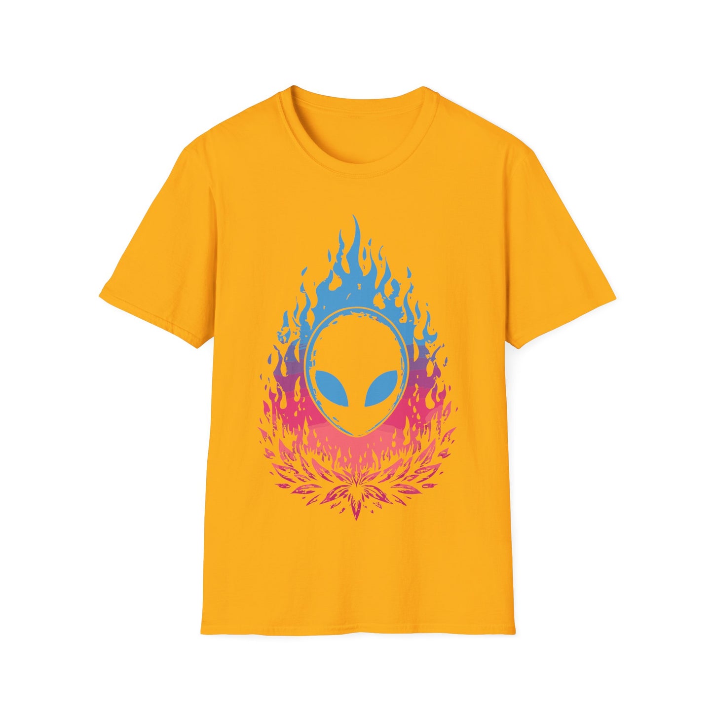 Alien Flame Flower t-shirt design, featuring a black alien face with glowing blue eyes rising from blue to pink flames above a stylized pink floral burst on a yellow background