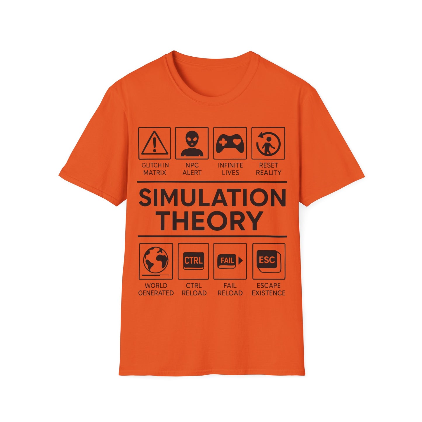 Simulation Theory t-shirt design, featuring bold white Simulation Theory lettering with glitch warning, alien head, game controller, reset icon, and digital reality-themed symbol panels in a monochrome infographic style on an orange background