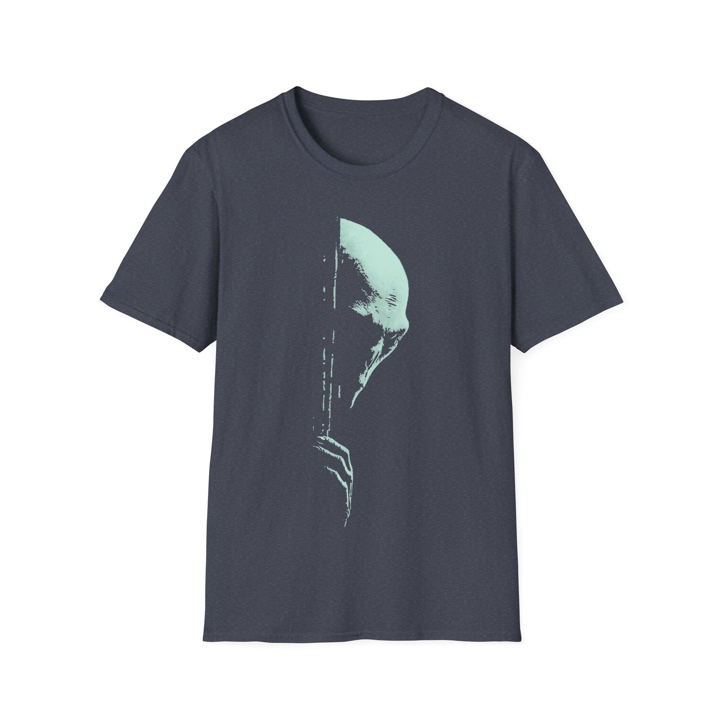 Creepy mint-green alien face silhouette with glitch/distressed texture on heather grey background, minimalist sci-fi UFO conspiracy t-shirt design