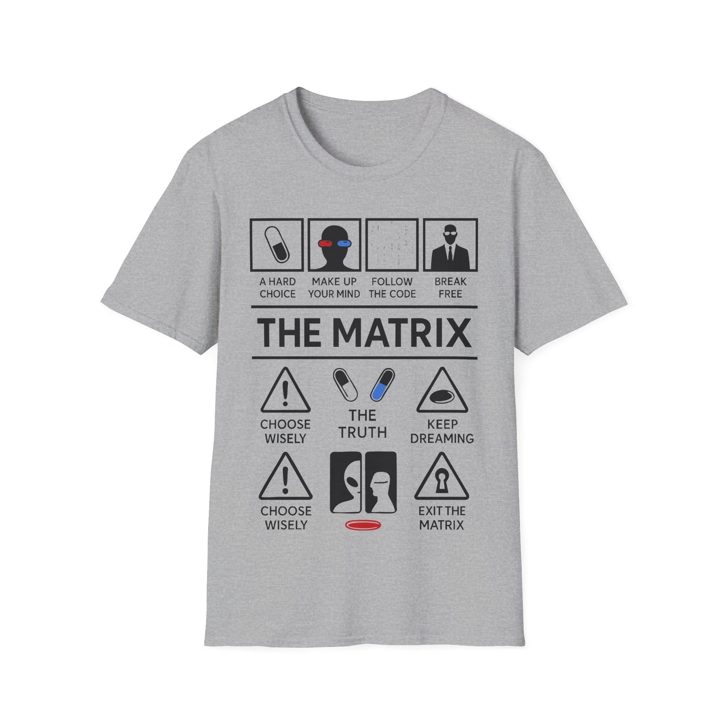 Matrix Icon Based t-shirt design, featuring bold white The Matrix lettering with red and blue pill symbols, code, suited figure, and sci-fi choice-based icon panels in a monochrome infographic style on a grey background