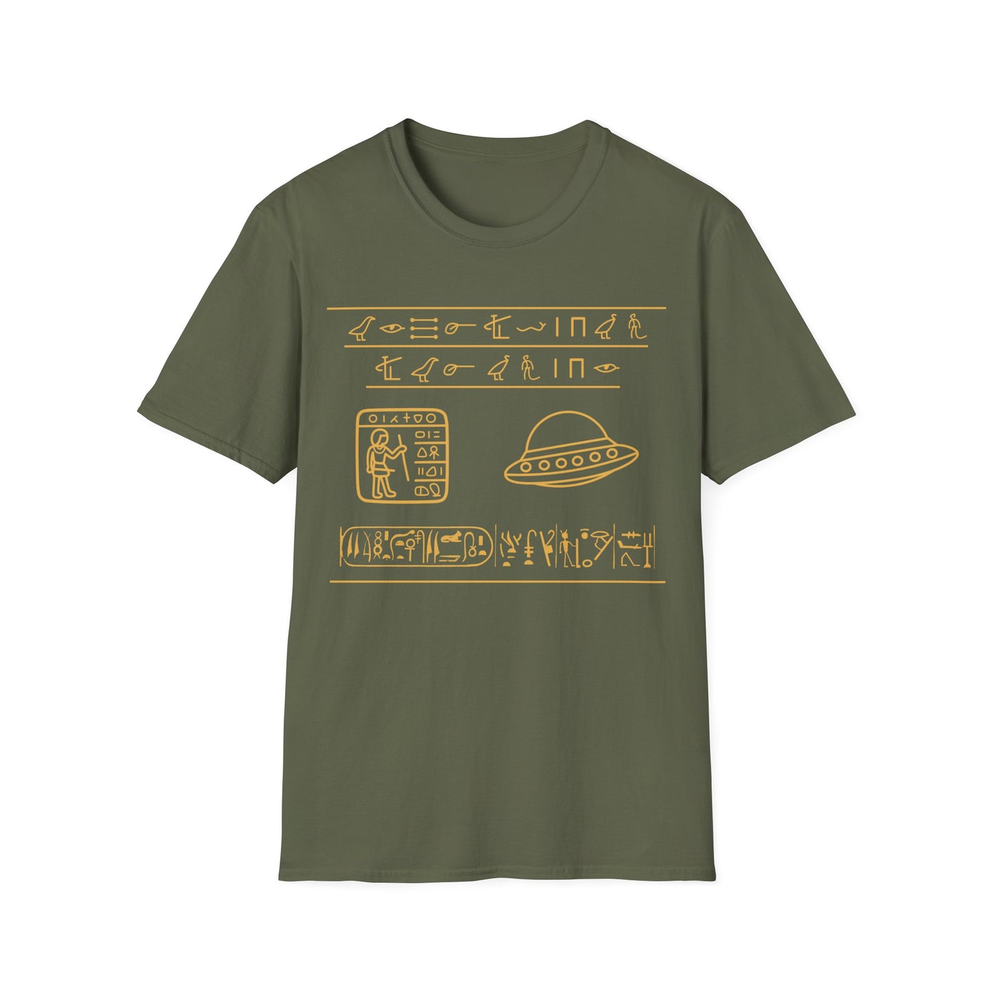 Gold Egyptian hieroglyph-style UFO t-shirt design, featuring a flying saucer and ancient symbol rows with a scribe panel on a military green background
