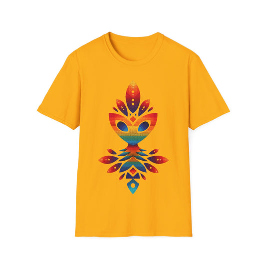 Rainbow Alien Totem t-shirt design, featuring a stylized rainbow-gradient alien face merged with symmetrical totemic leaf and geometric shapes in a vibrant psychedelic illustration on a yellow background