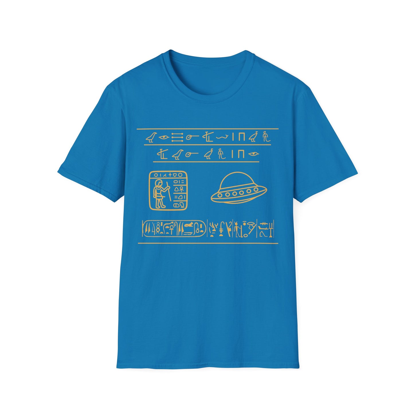 Gold Egyptian hieroglyph-style UFO t-shirt design, featuring a flying saucer and ancient symbol rows with a scribe panel on a sapphire blue background