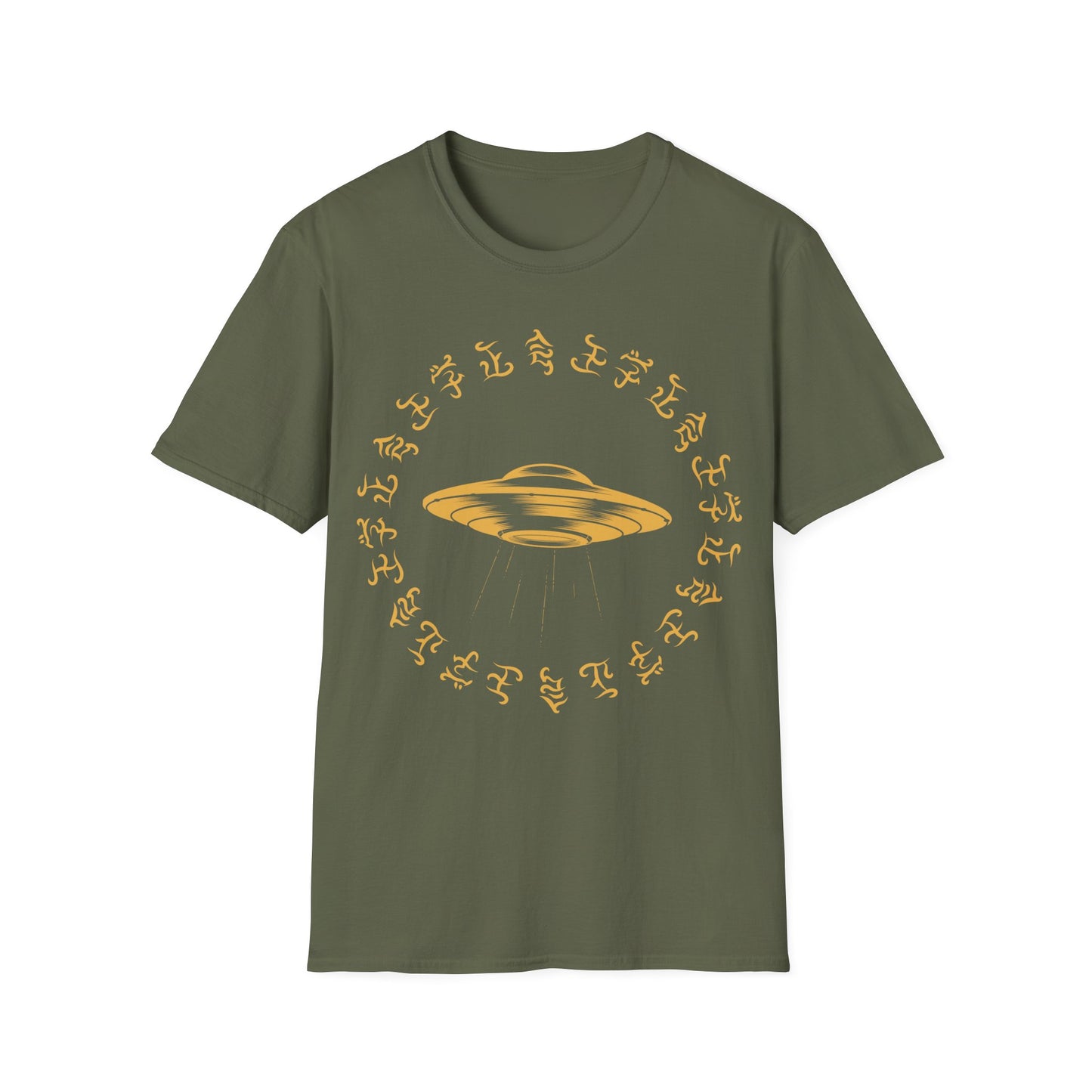 Gold UFO with beam of light t-shirt design, surrounded by a circular ring of stylized alien glyph symbols on a military green background