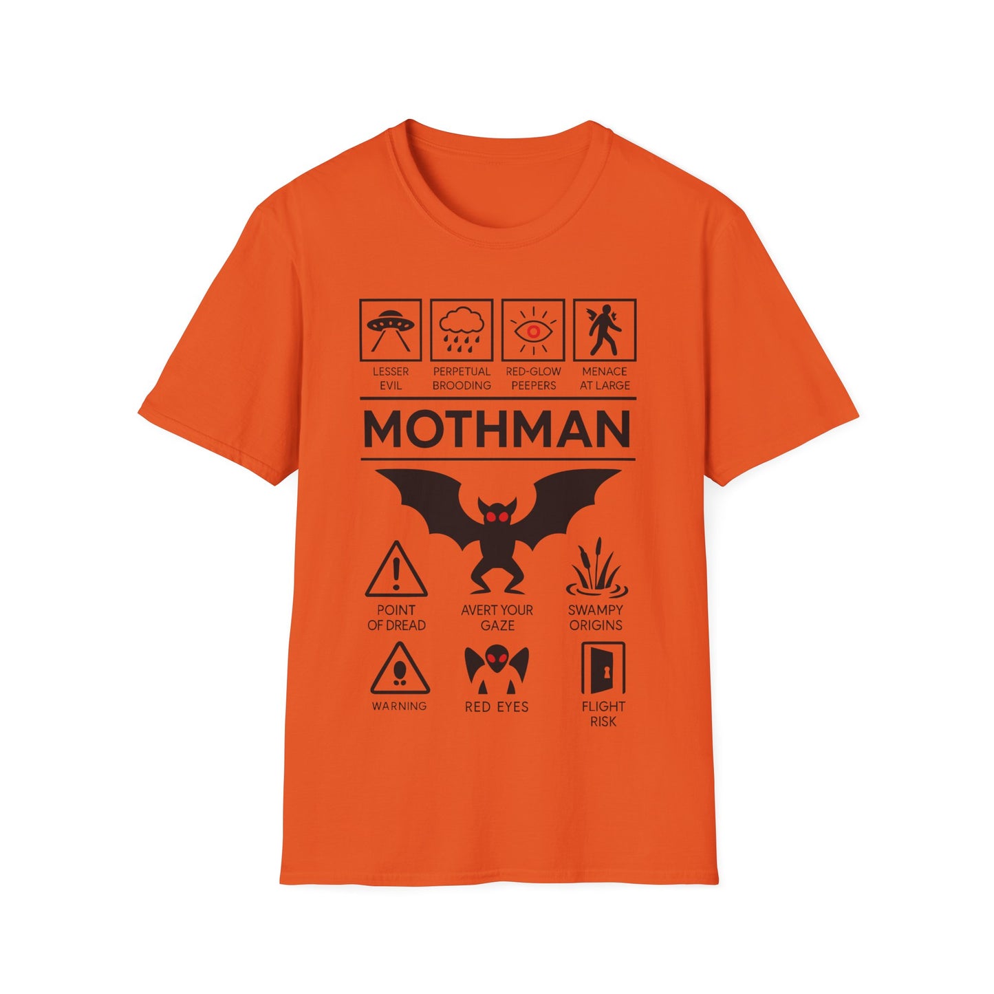 Mothman Icon Based t-shirt design, featuring bold white Mothman lettering with red-eyed winged creature, UFO, warning symbols, and cryptid-themed icon panels in a monochrome infographic style on an orange background