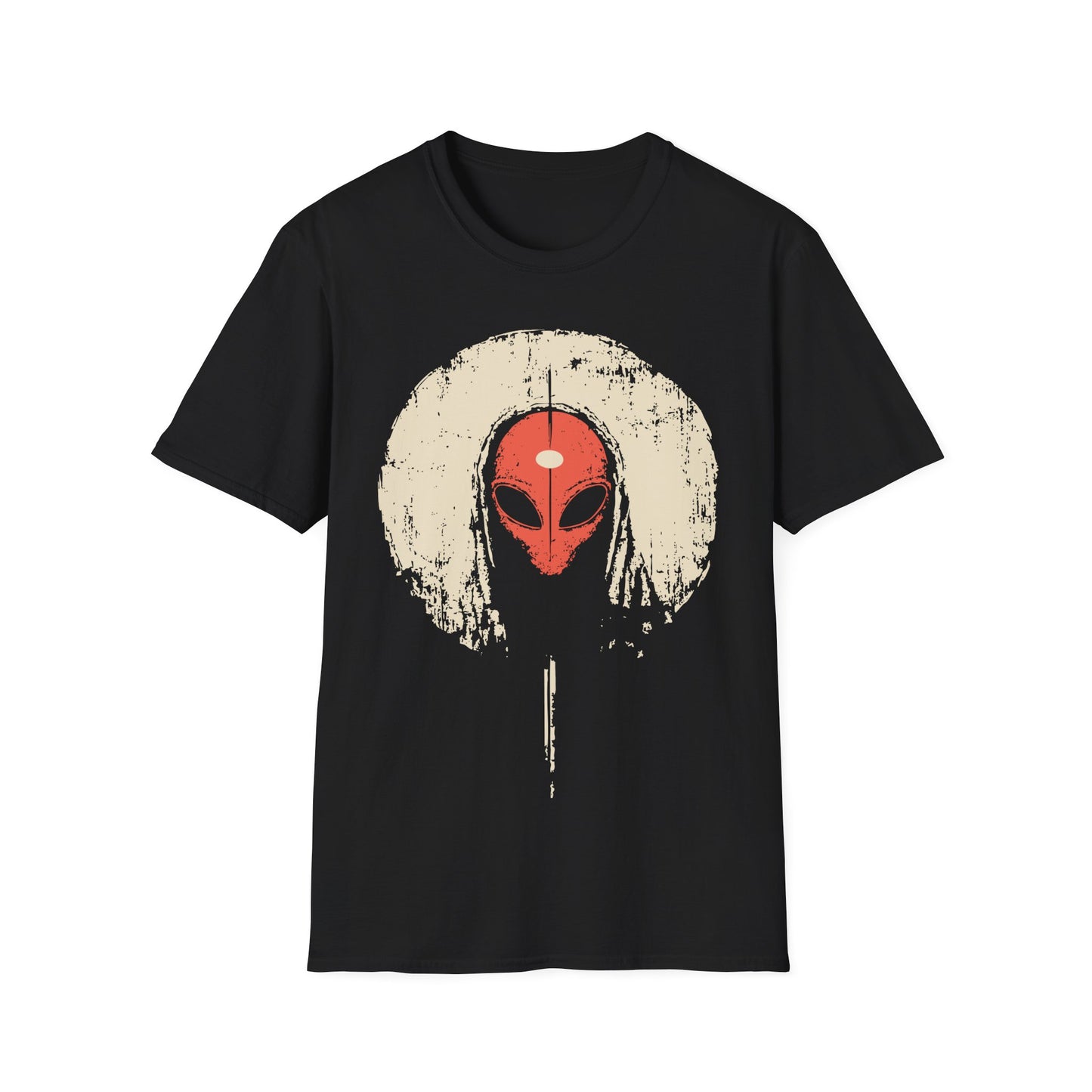 Alien Third Eye Moon t-shirt design, featuring a red alien face with a centered third eye mark framed by a distressed cream moon in a minimalist occult inspired illustration on a black background