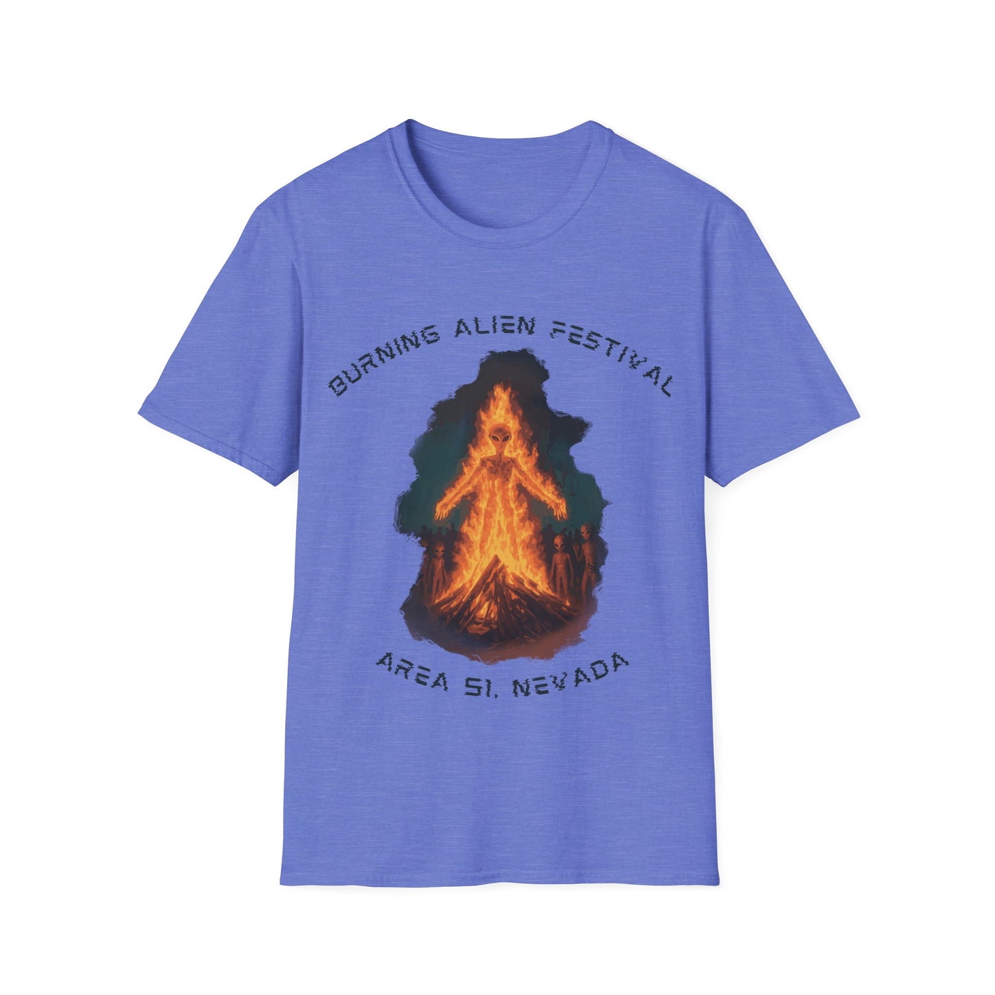 Burning Alien Festival t-shirt design with alien-shaped bonfire surrounded by aliens at Area 51 Nevada on blue t-shirt