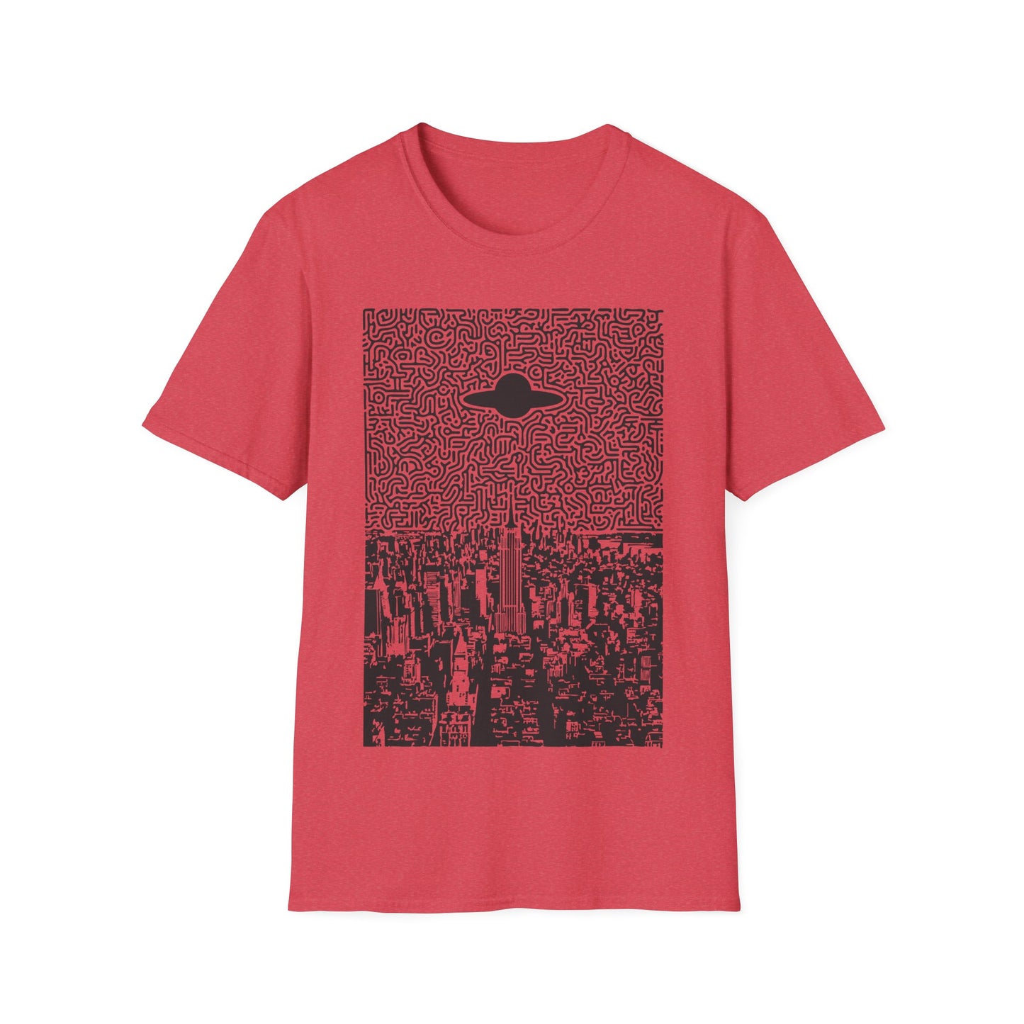 UFO over New York t-shirt design with flying saucer hovering above New York City skyline and abstract maze-pattern night sky on red t-shirt