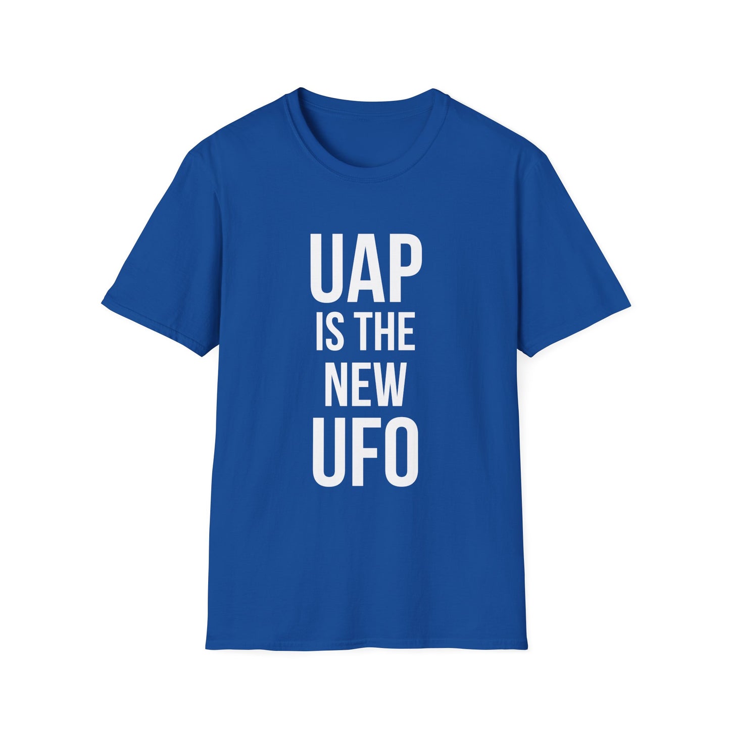 UAP Is the New UFO t-shirt design, featuring bold stacked typography reading “UAP IS THE NEW UFO” in a clean minimalist text based layout on a royal blue background