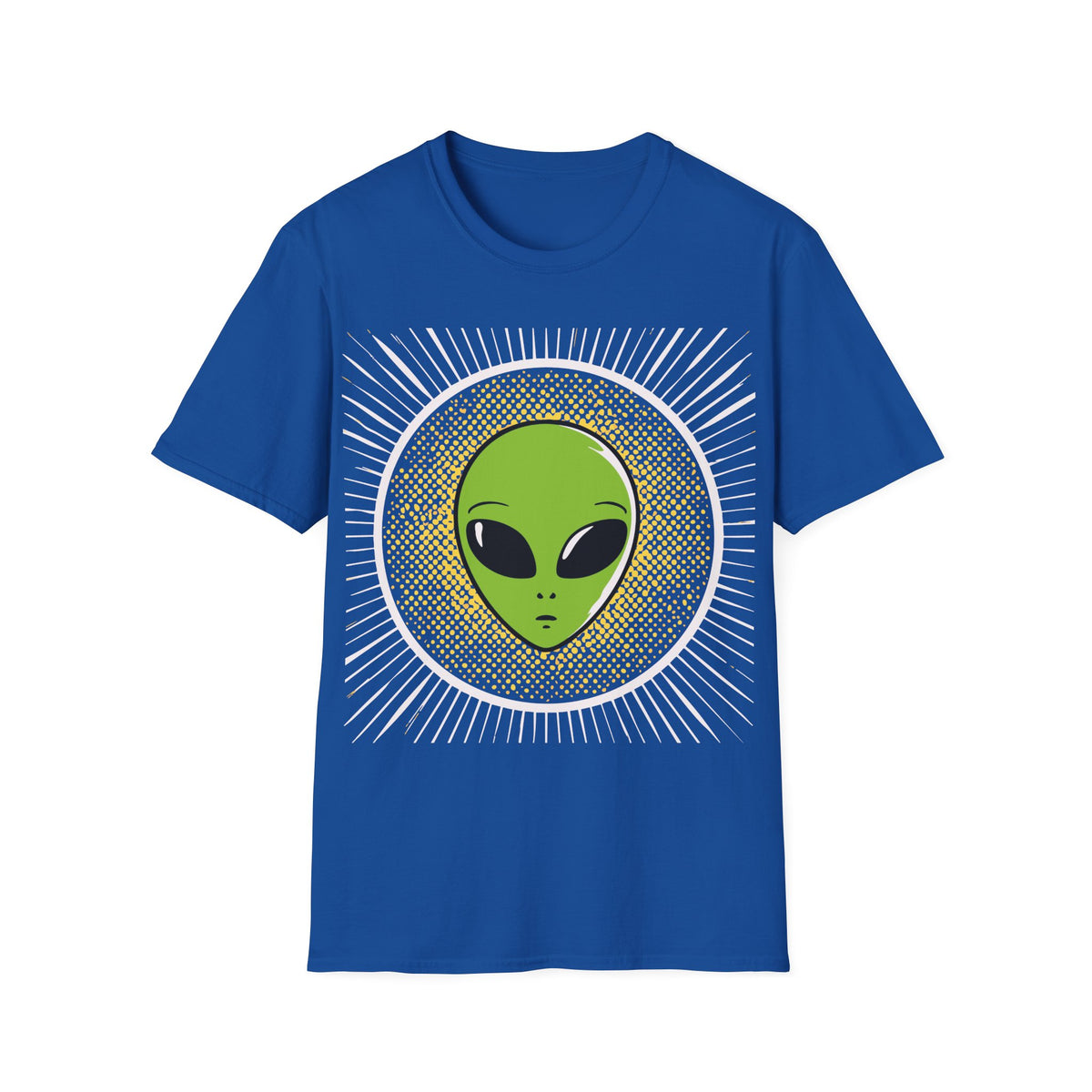 Retro Alien t-shirt design, featuring a bright green alien head with oversized black eyes surrounded by yellow halftone dots and radiating white lines in a bold vintage pop art style on a royal blue background