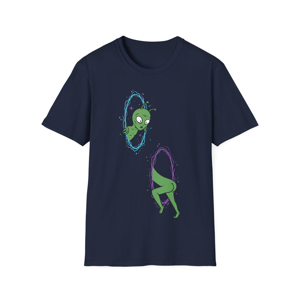 The Portal t-shirt design, featuring a confused green alien awkwardly passing through two glowing cosmic portals, with its head emerging from one and body disappearing into another in a funny cartoon style on a navy blue background