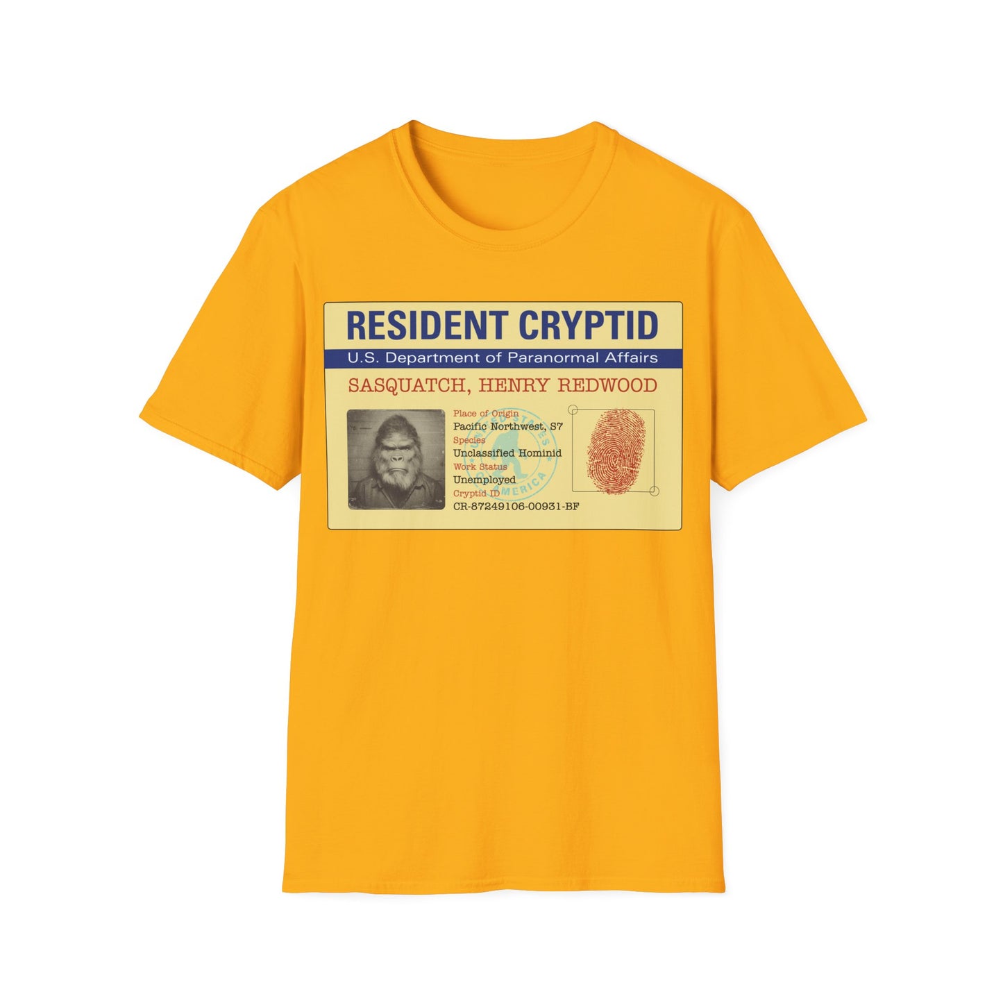 Resident Cryptid ID Card t-shirt design featuring a vintage government style Sasquatch/Bigfoot ID badge with mugshot portrait, fingerprint, and ‘U.S. Department of Paranormal Affairs’ dossier text in beige, blue, and red on a yellow background
