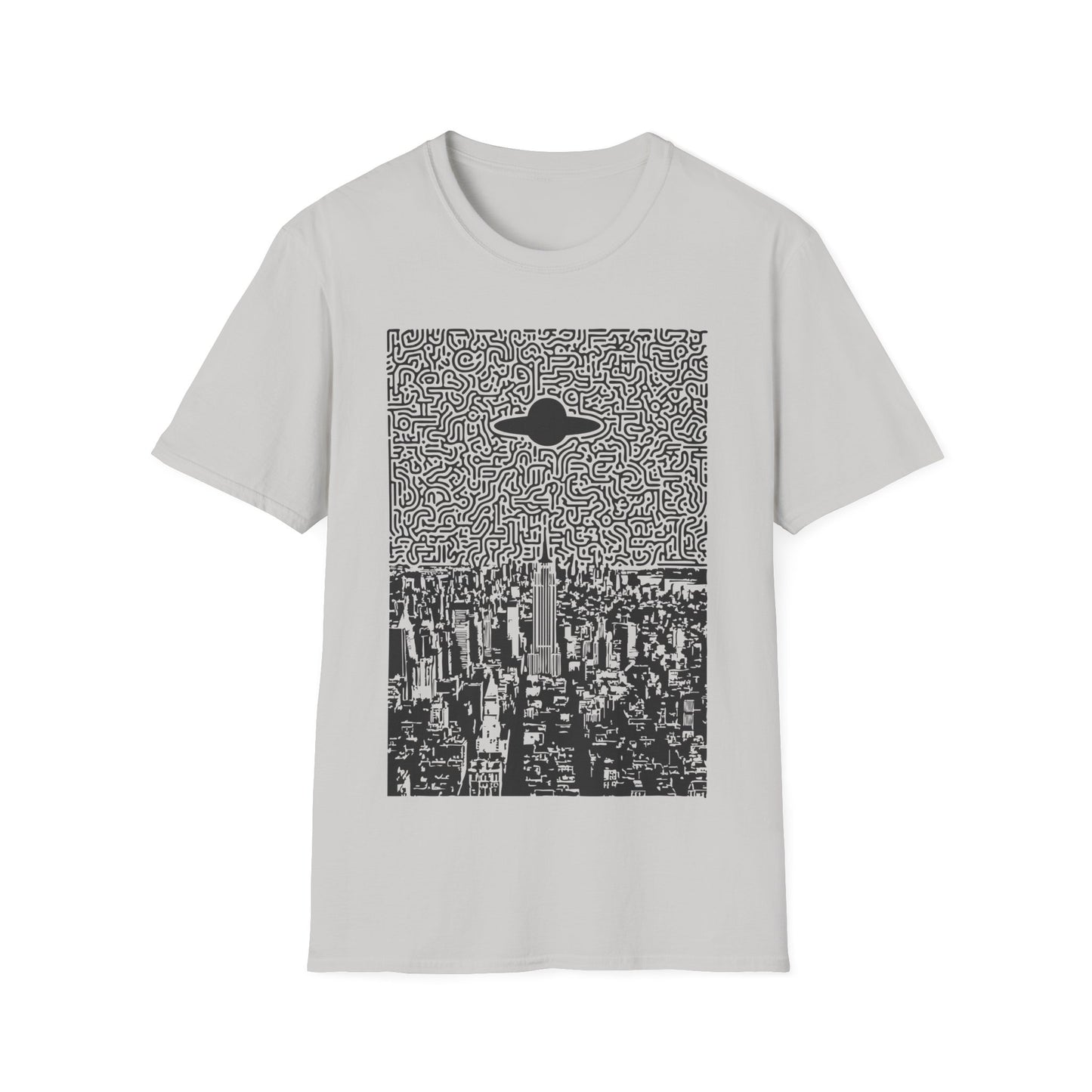 UFO over New York t-shirt design with flying saucer hovering above New York City skyline and abstract maze-pattern night sky on gray t-shirt