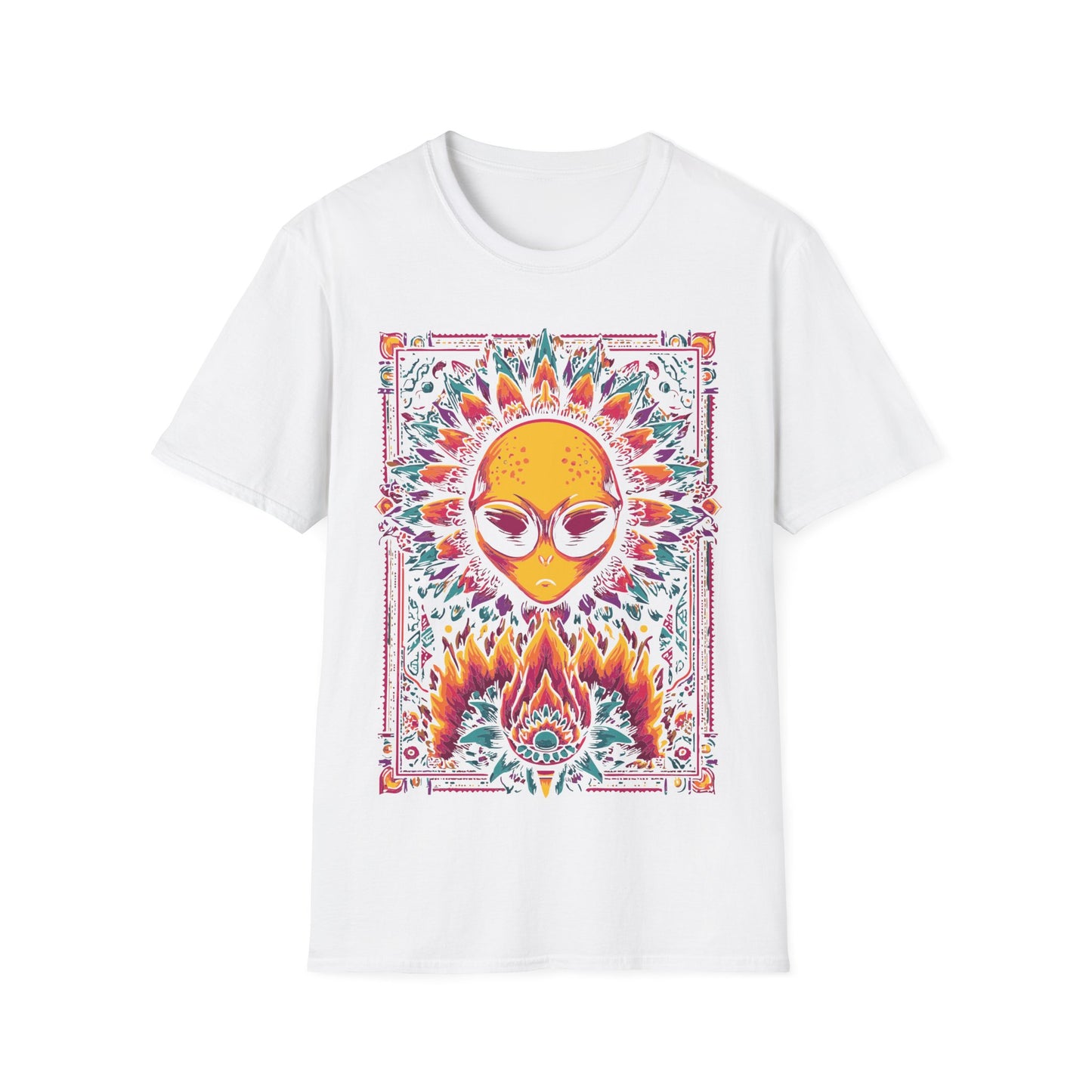 Psychedelic Alien Floral t-shirt design, featuring a glowing yellow alien head framed by vivid pink, teal, and orange floral patterns in a symmetrical psychedelic illustration on a white background
