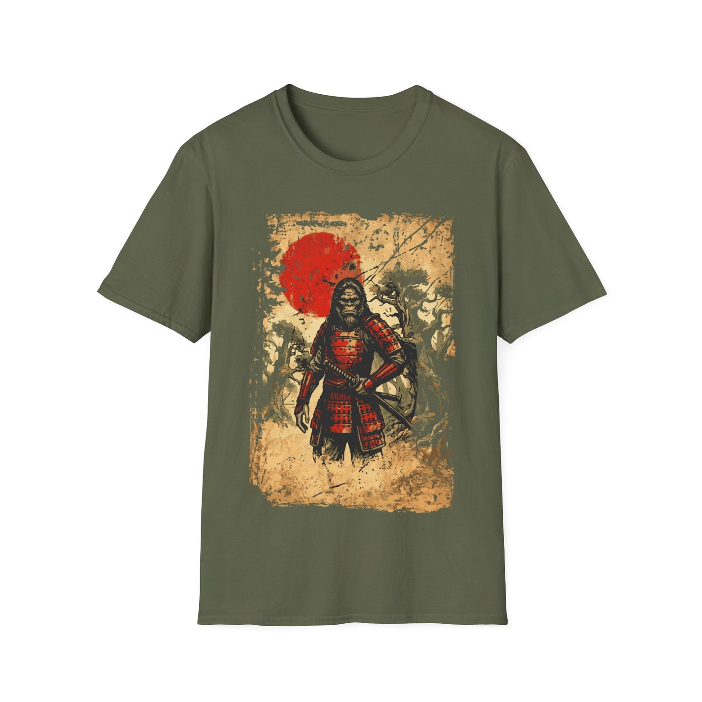 Sasquatch Samurai t-shirt design, featuring a fierce Bigfoot warrior in red samurai armor holding a katana in a haunted forest scene with a distressed parchment style background and red sun on a military green background