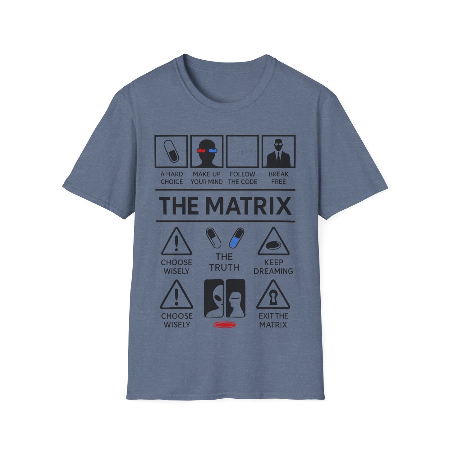 Matrix Icon Based t-shirt design, featuring bold white The Matrix lettering with red and blue pill symbols, code, suited figure, and sci-fi choice-based icon panels in a monochrome infographic style on a heather indigo background