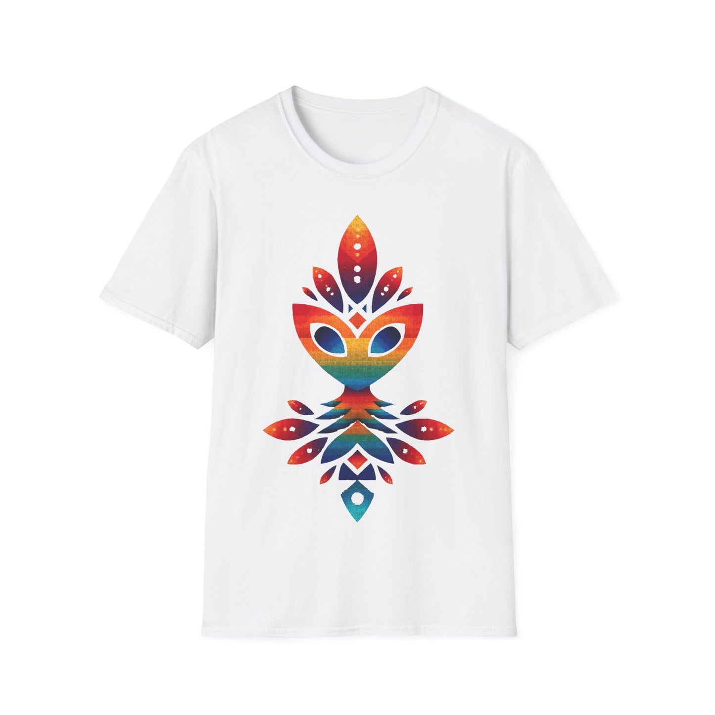Rainbow Alien Totem t-shirt design, featuring a stylized rainbow-gradient alien face merged with symmetrical totemic leaf and geometric shapes in a vibrant psychedelic illustration on a white background