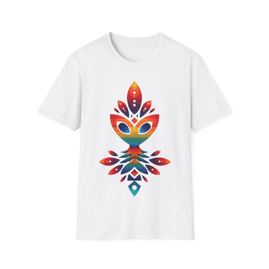 Rainbow Alien Totem t-shirt design, featuring a stylized rainbow-gradient alien face merged with symmetrical totemic leaf and geometric shapes in a vibrant psychedelic illustration on a white background