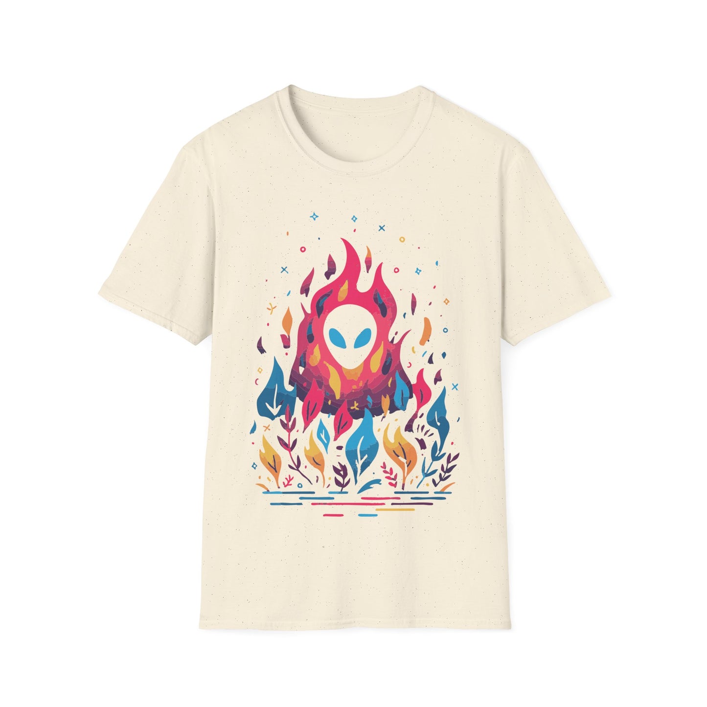Neon Alien Fire and Botanicals t-shirt design, featuring an alien face with glowing blue eyes emerging from vivid pink flames surrounded by colorful blue, yellow, and purple botanical elements on a white background