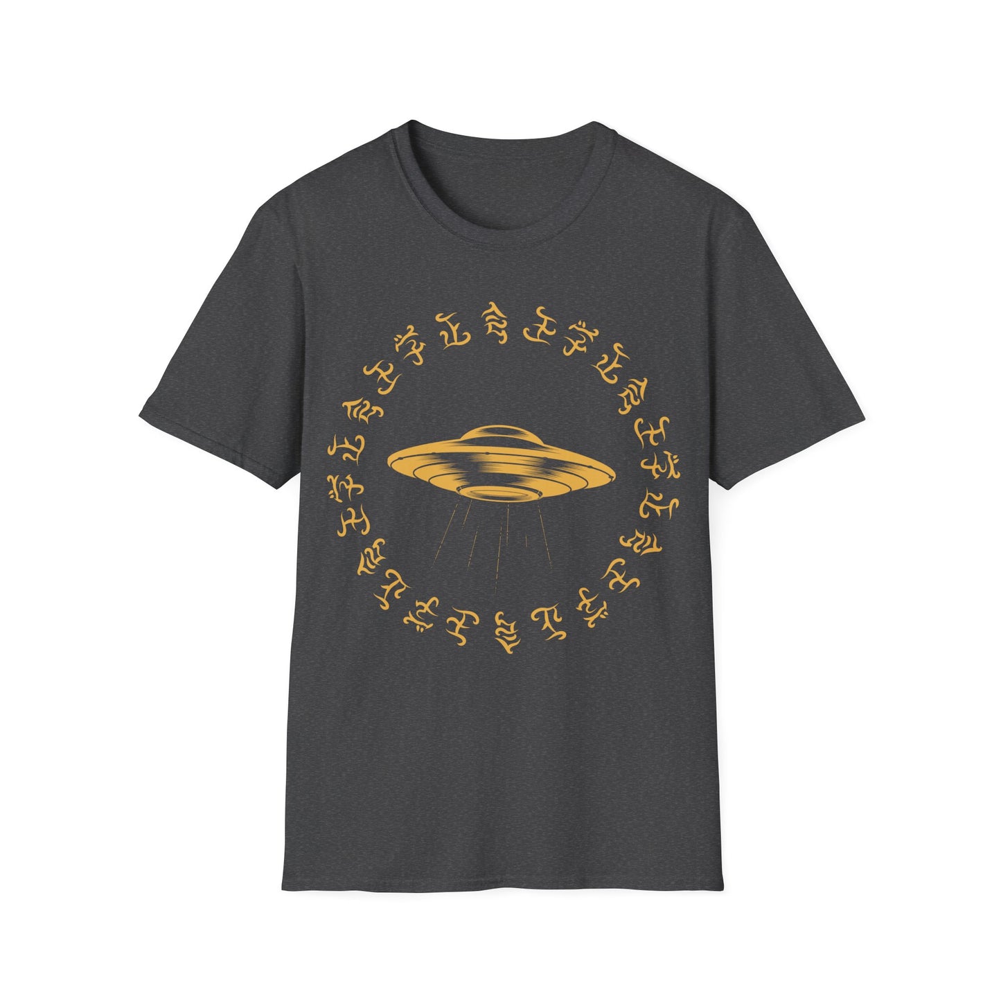 Gold UFO with beam of light t-shirt design, surrounded by a circular ring of stylized alien glyph symbols on a dark heather gray background