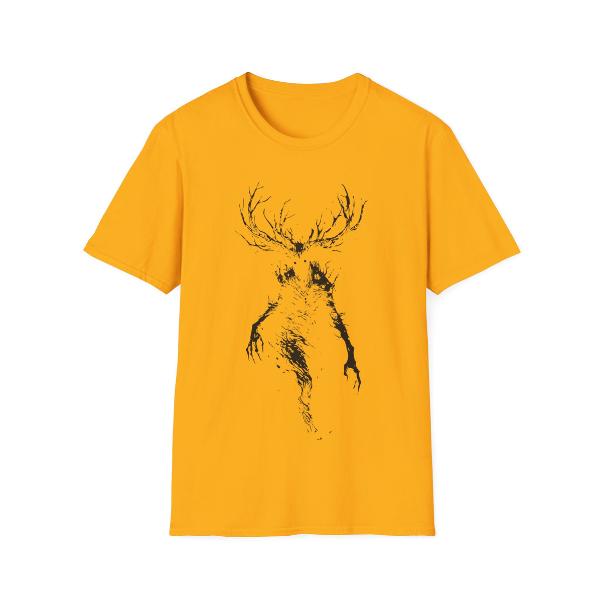 Wendigo Scary t-shirt design, featuring a towering antlered Wendigo with glowing eyes, skeletal limbs, and a shadowy distorted body in a stark distressed black silhouette on a gold yellow background